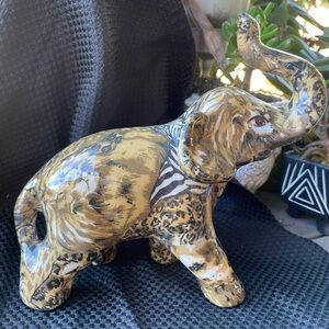 A La Vie decorative ceramic elephant figurine with a safari patchwork glaze.